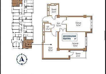 2 комнаты, 70 м², Технопарк Элитка, 9 этаж, ПСО (под самоотделку)