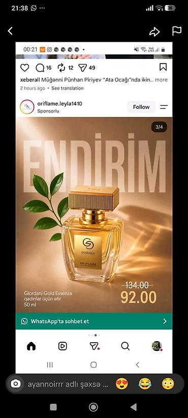 Məhsul: Oriflame Giordani Gold Essenza qadın ətiri Həcm: 50 ml