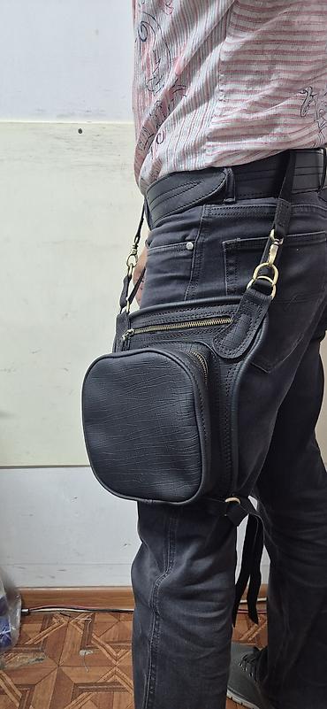 мото чехол: Мото поясно‑бедренная сумка (leg/hip bag) - Материал: черная кожа с — 1