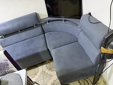 divan ortuk: Künc divanı – yumşaq süet tipli boz parça, metal detallar ilə - — 3