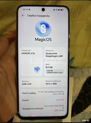 telefon tap: Honor X7b, 128 GB, Barmaq izi — 2