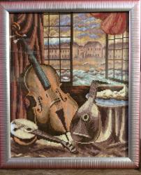 работа со знанием турецкого языка: Оригинальная картина-вышивка "Музыкальные инструменты" (вышивка