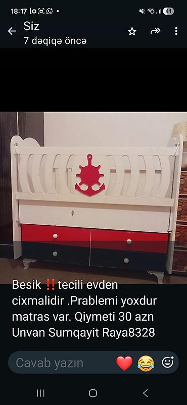 karşok qiymeti: Uşaq beşiyi satılır. Beşik ağ rəngdədir, ön hissəsində dənizçi sükanı — 1