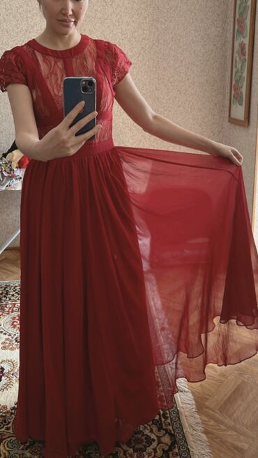 платье красное: Вечернее платье, Длинная модель, Шифон, Без рукавов, S (EU 36)