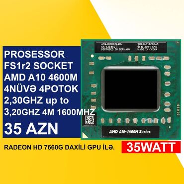 Kompüter ehtiyyat hissələri: Prosessor AMD A10 Prosessor “LGA FS1r2 AMD A10-4600M”, 4 nüvə, İşlənmiş