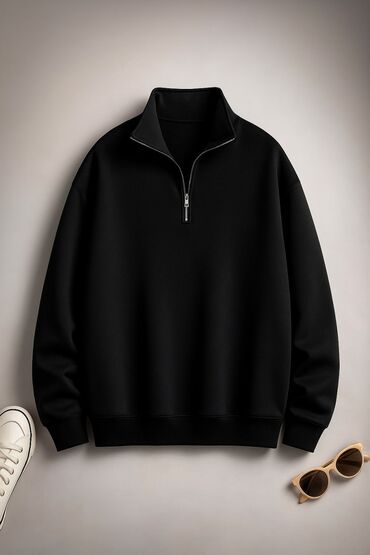 полузамок поло мужской: Свитшот Half-Zip Black Минималистичный свитшот с высоким воротником и