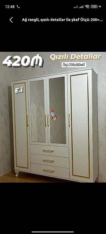 bolun: Ağ rəngli, qızılı detallar ilə şkaf Qiymət: 420₼ Ölçü: 200×160×47 sm — 1