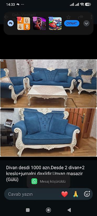 Divan desdi 1000 azn.Desde 2 divan+2 kreslo+jurnalni daxildir.Unvan