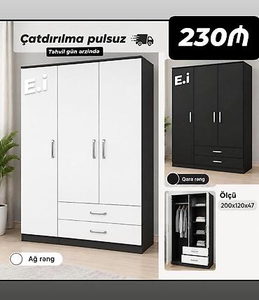 Dolablar: 3 qapılı paltar dolabı - Ölçü: 200 x 120 x 47 sm - Daxili quruluş: 1 — 1