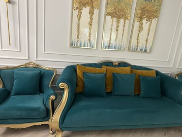 угловой диван с столом: Гарнитур для зала, Кресло, Диван, цвет - Зеленый, Новый