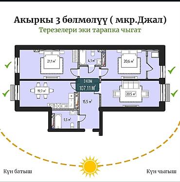 Продажа квартир: 3 комнаты, 107 м², Верхний Джал Элитка, 9 этаж, ПСО (под самоотделку) — 2