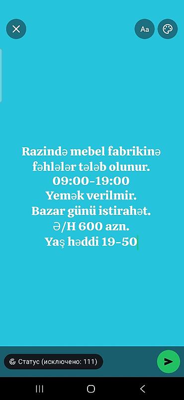 razinde iş: Razində yerləşən mebel fabrikinə fəhlələr tələb olunur. - İş qrafiki — 1