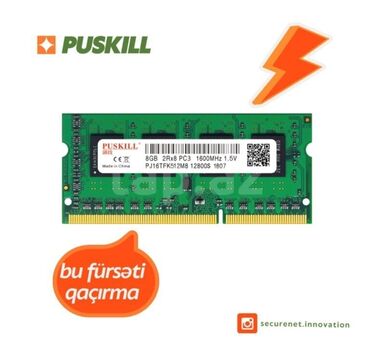 Operativ yaddaş (RAM) 8 GB, 1600 Mhz, DDR3, Noutbuk üçün, Yeni