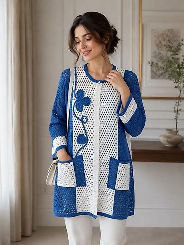 oversize jaket: Açıq toxunuşlu, mavi-ağ rəng palitrasında uzun kardiqan. - Model — 1