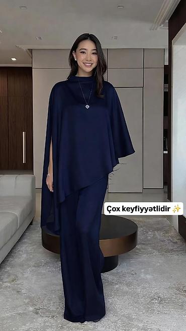 triko dest: Qadın dəst – asimmetrik pelerinli bluz + geniş şalvar - Dizayn — 3