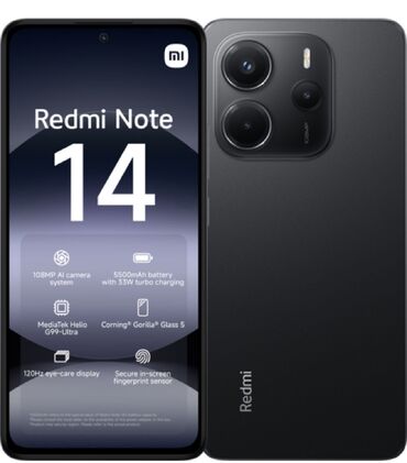 a12 telefonu: Redmi Note 14, 256 GB, rəng - Qara, Barmaq izi