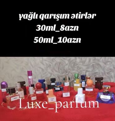 Müxtəlif çeşidli yağ əsaslı ətirlər. Hər bir ətir 30 ml və ya 50 ml