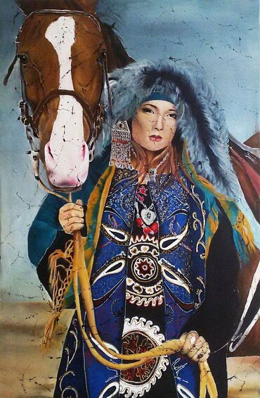самые красивые картины современных художников: Портрет женщины. Кыргызстан. Оригинальная картина на шелке. 45 - 65