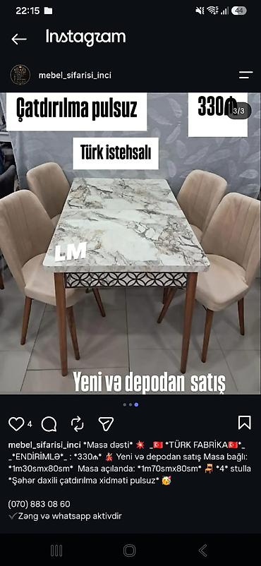 Masa dəsti – Türk istehsalı - Dəst tərkibi: 1 masa + 4 stul - Masa