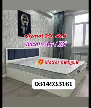 yataq mebileri: Новый, Двуспальная кровать, Без подьемного механизма, С матрасом, Без выдвижных ящиков, Азербайджан