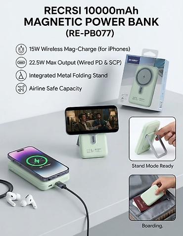 RECRSI RE-PB077 — магнитный пауэрбанк 10000 мА·ч для iPhone и других