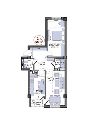 125: 2 комнаты, 66 м², Мед Академия Элитка, 2 этаж, Евроремонт — 1