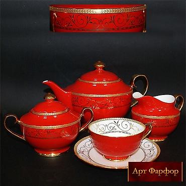 samovar 10 litr: Çay dəsti, rəng - Qırmızı, Farfor — 1