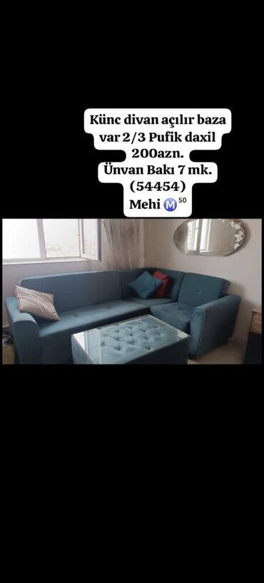 at şekli: Künc divan açılır baza var 2/3 Pufik daxil 200₼. Ünvan Bakı 7 mk