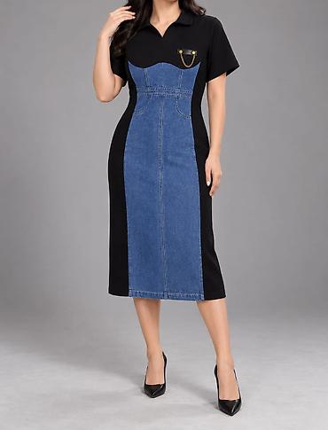 ucuz kişi geyimləri: Qadın paltarı – denim effektli panel dizayn - Model: midi uzunluqda — 1
