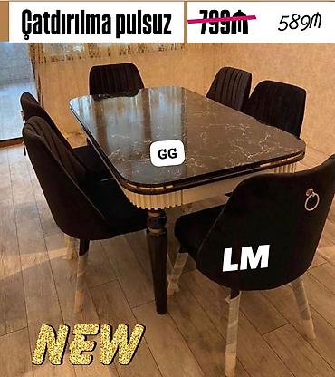 Yeni yemək masası dəsti - 1 masa + 6 stul - Masaüstü: qara mərmər
