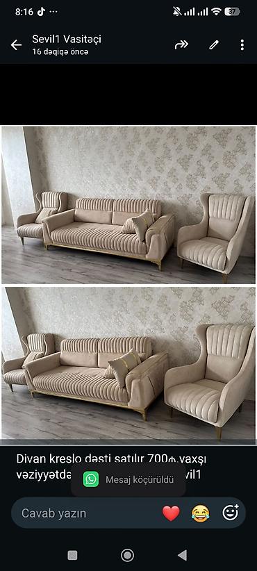 kohnə divan aliram: Divan kreslo dəsti satılır 700₼.yaxşı vəziyyətdə.Ünvan — 1