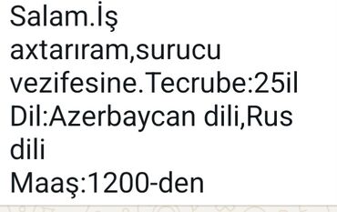 Taksi, logistika, çatdırılma: Salam.İş axtarıram,surucu vezifesine.Tecrube:25il Dil:Azerbaycan