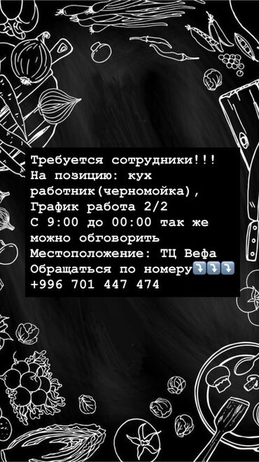 требуется посудомойщица в бишкеке: Вакансия: кухонный работник (черномойка) - График: 2/2 - Время