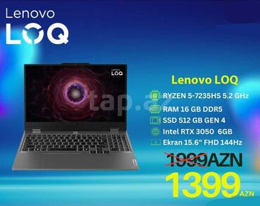 Lenovo: Yeni Lenovo LOQ, 15.6 ", AMD Ryzen 5, 512 GB, Ünvandan götürmə, Pulsuz çatdırılma, Ödənişli çatdırılma