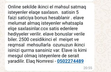 ikinci el eşyaların satışı: Satış məsləhətçisi tələb olunur, İstənilən yaş, 1 ildən az təcrübə, Gündəlik ödəniş