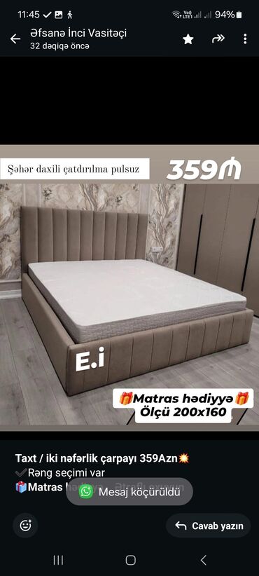 Sifarişlə digər mebel: İkinəfərlik, Bazasız, Pulsuz matras, Siyirməsiz