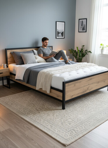 Односпальные кровати: Кровать с прочным металлическим каркасом и изголовьем из — 1