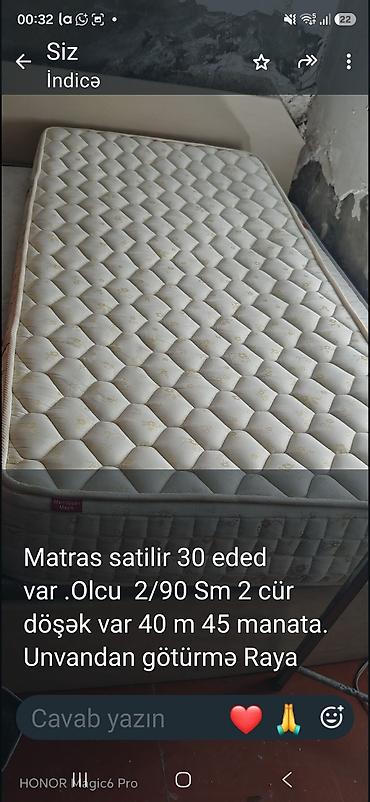 ev t: Matraslar - Sayı: 30 ədəd - Ölçü: 2/90 sm (təxmini 90×200 sm) - Növ — 1