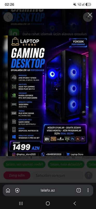 🎮 Gaming Desktop PC — Ryzen 7 5700X / RTX 3070 🔥 Güclü və yüksək