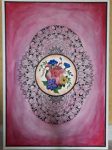 resm sekilleri: Əl işi rəsm əsəri – “Ürək və Çiçəklər” mandala kompozisiyası. Ölçü — 1