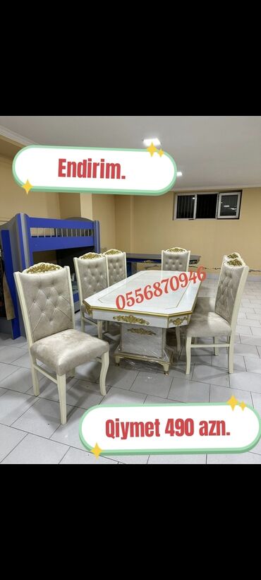 Masa və oturacaq dəstləri: Qonaq otağı üçün, Yeni, Açılmayan, Dördbucaq masa, 6 stul — 2