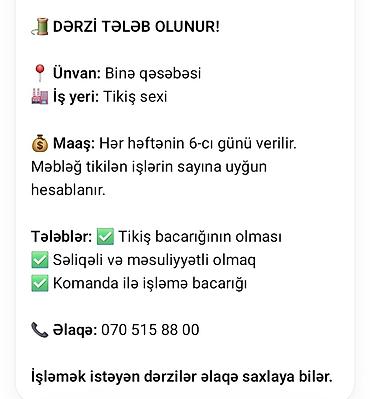Dərzi tələb olunur Ünvan: Binə qəsəbəsi İş yeri: Tikiş sexi Maaş lalafo.az -da — 1 Dərzi tələb olunur Ünvan: Binə qəsəbəsi İş yeri: Tikiş sexi Maaş — 1