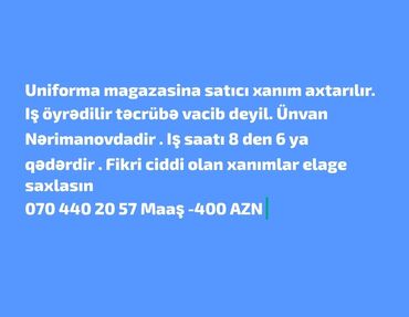 Satış məsləhətçiləri: Satış məsləhətçisi tələb olunur, Yalnız qadınlar üçün, 18-29 yaş, Təcrübəsiz, Aylıq ödəniş