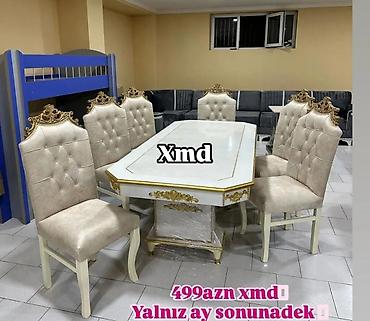 pastel dest: Klassik üslubda yemək dəsti - Dəst: 1 masa + 6 stul - Rəng: ağ/qızılı — 1