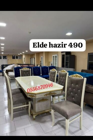 Masa və oturacaq dəstləri: Qonaq otağı üçün, Yeni, Açılmayan, Dördbucaq masa, 6 stul — 5