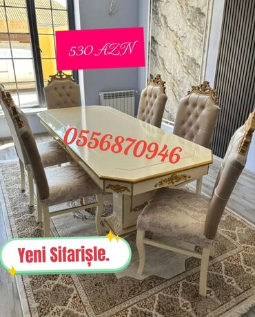 Masa və oturacaq dəstləri: Qonaq otağı üçün, Yeni, Açılmayan, Dördbucaq masa, 6 stul — 9