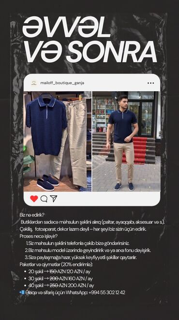 Başqa xidmətlər: 📌 Sosial şəbəkələrdə məhsul satırsınız, amma model, kamera, işıq — 4