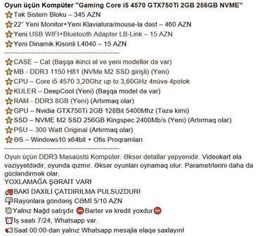 Masaüstü kompüterlər və iş stansiyaları: Oyun üçün Kompüter "Gaming Core i5 4570 GTX750Ti 2GB 256GB NVME” ⭐Tək -da lalafo.az — 2 Masaüstü kompüterlər və iş stansiyaları: Oyun üçün Kompüter "Gaming Core i5 4570 GTX750Ti 2GB 256GB NVME” ⭐Tək — 2