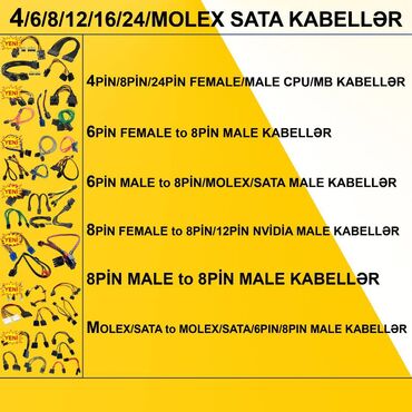 stul ustu kamputerler: 4/6/8/12/24/Molex/SATA Kabellər ⭐4pin Female to 4+4pin Male MB 20sm –