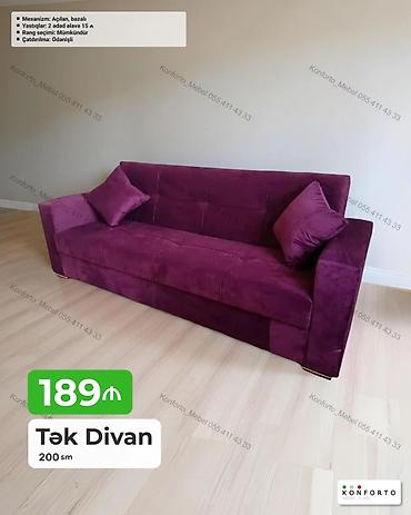 Divanlar: Tək divan – 200 sm - Mexanizm: açılan, bazalı (yataq funksiyalı) - — 1